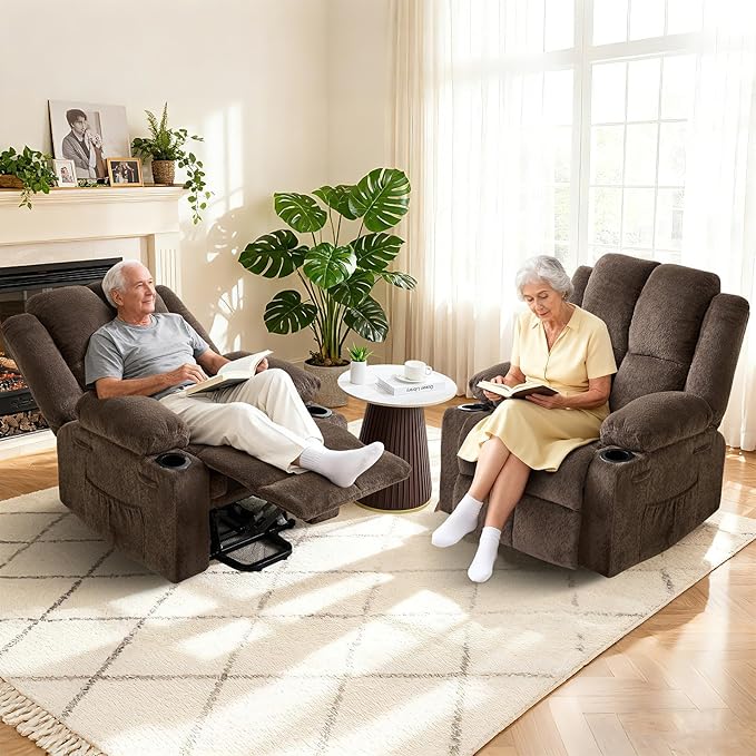 GAOMON Oversized Power Lift Recliner Chair for Elderly 135° Adjustable Lay Flat Electric Recliner with Massage &amp Heat Stand Assist 2 Cup Holders for Living Room Heavy Duty Lift Sofa - Brown