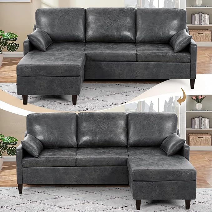 76 Sectional Sofa Couch with Reversible Chaise Suede Leather L Shaped Sofa w/USB Charger Ports &amp Storage Bag Convertible Modern Couch w/Storage Space for Living Room Small Space Grey