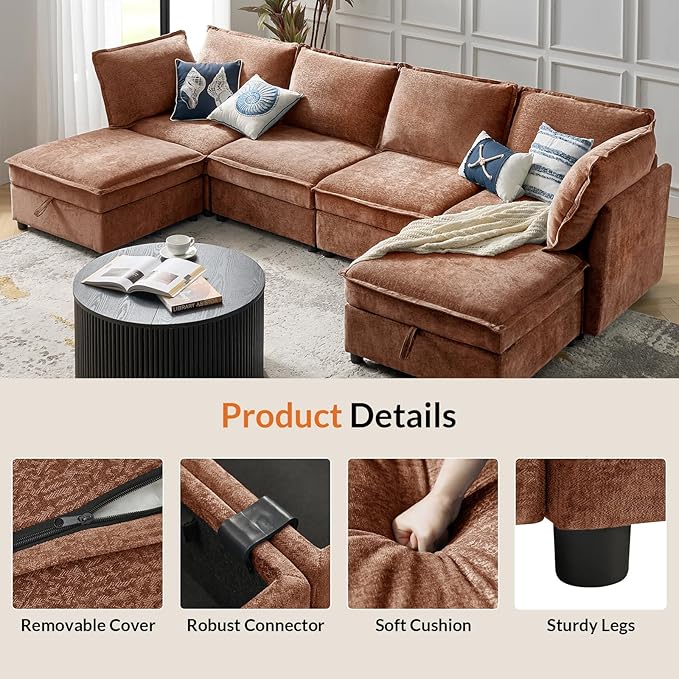 HULALA HOME Modern Middle Module for Sectional Sofa Couch Armless Loveseat Sofa 2 Seat Included Burnt Orange