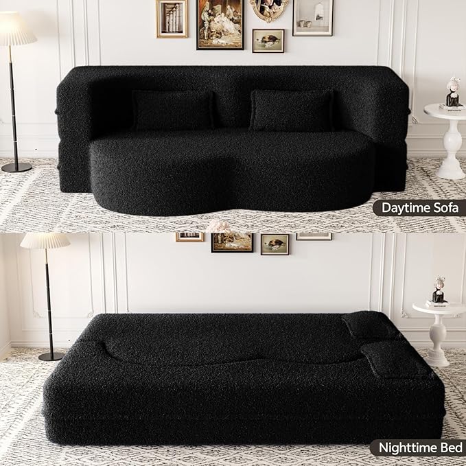 Newfun 78 Convertible Sofa Bed 2 in 1 Folding Couch Bed Futon Sofa Bed with Two Pillows Loveseat Sofa for Living Room Bedroom Lounge Compressed Modern Sofa No Assembly Required (Black)