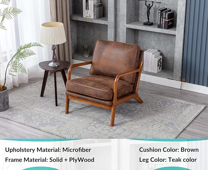 JOYBASE Lounge Arm Chair Mid Century Modern Accent Chair Wood Frame Armchair for Living Room Bedroom (Coffee Microfiber)