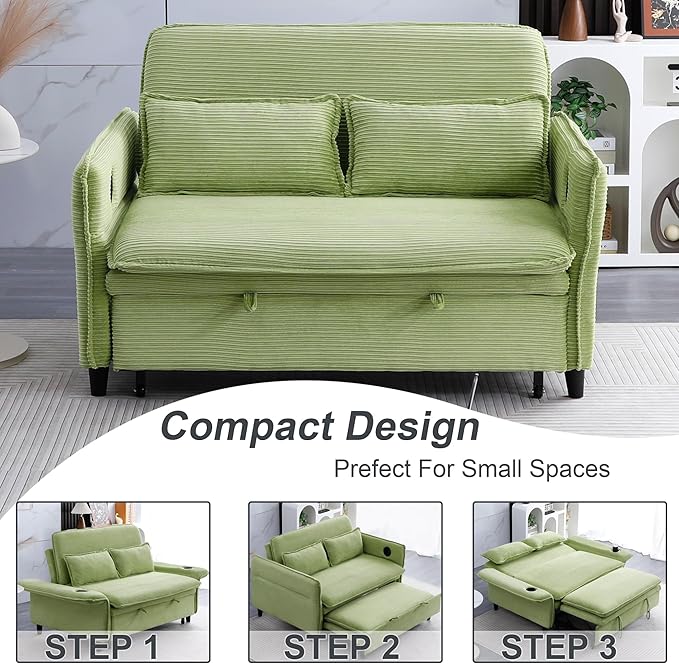 3 in 1 Convertible Sleeper Sofa Bed Loveseat Sleeper 65” Pull Out Couch Adjustable Armrest and Backrest with 2 Pillows for Living Room Bedroom (Green)