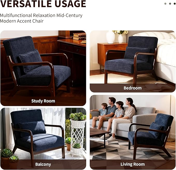 Mid Century Modern Accent ChairComfy Fabric Reading Chair with Retro Solid Wood Frame &amp High Back Upholstered Lounge Arm Side Chair for Living Room Bedroom Balcony (Antique Blue)