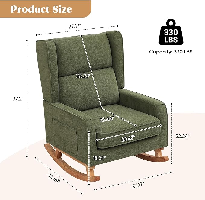 Nursery Rocking Chairs Rocking Chair Nursery for Mom Nursery Rocker with High Backrest and Solid Wood Legs Modern Wingback Accent Rocking Chair for Reading Living Room Bedroom Green