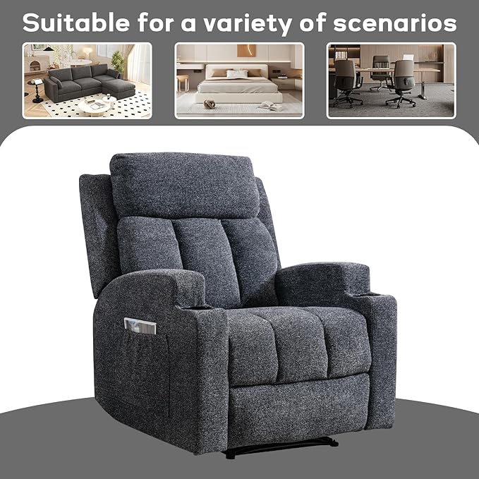 CANMOV Manual Massage Heat Recliner Chair Set of 3 Soft Fabric Recliner Chair with Overstuffed Arm and Back Manual Reclining Single Sofa with 2 Cup Holders Side Pocket for Living Room Dark Grey