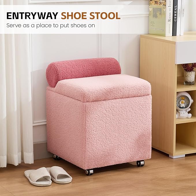 Boucle Vanity Chair with Storage Swivel Makeup Vanity Chair with Wheels &amp Safety Hinge Upholstered Vanity Stool Ottoman for Bedroom Dressing Room Pink