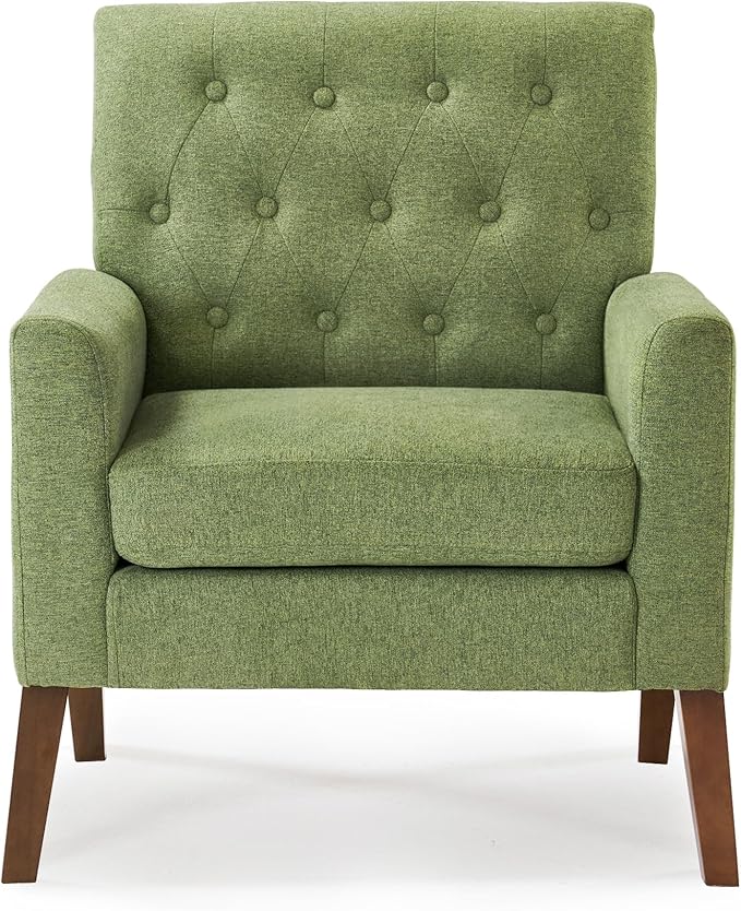 LUE BONA Linen Accent Chair 18.5 H Upholstered Button Tufted Arm Chair Comfy Living Room Chair with Arms Modern Armchairs for Bedroom Living Room Avocado Green