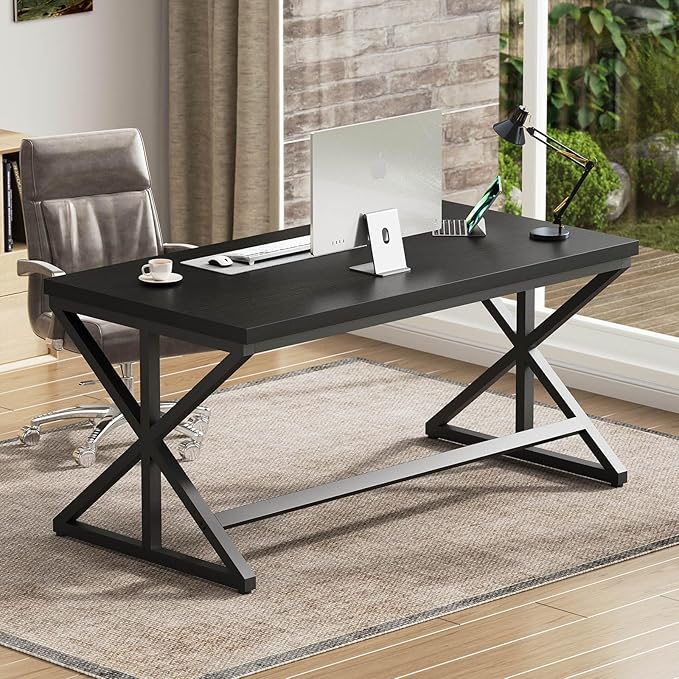 IBF 55 Inch Black Home Office Desks Modern Computer Desk for Writing Study Wood Metal Simple Gaming Work Table for Bedroom Industrial Wooden Pc Workstation Executive Desk Black Oak
