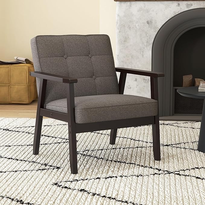 Modern Accent Chair with Arm Rest Upholstered Linen Fabric Leisure Chair Comfy Side Chair with Backrest Button and Wooden Frame for Living Room Bedroom Reading(Gray)