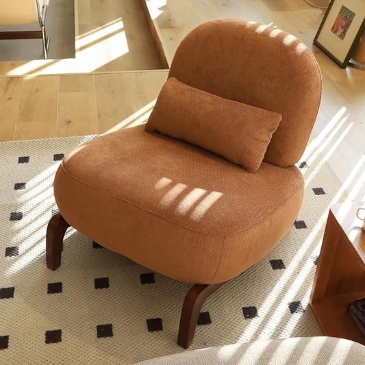 KEIKI Velvet Accent Chair with Solid Wood Legs Armless Cute Single Seat Sofa for Living Room Bedroom or Reading Nook Comfy Lounge Chair Caramel
