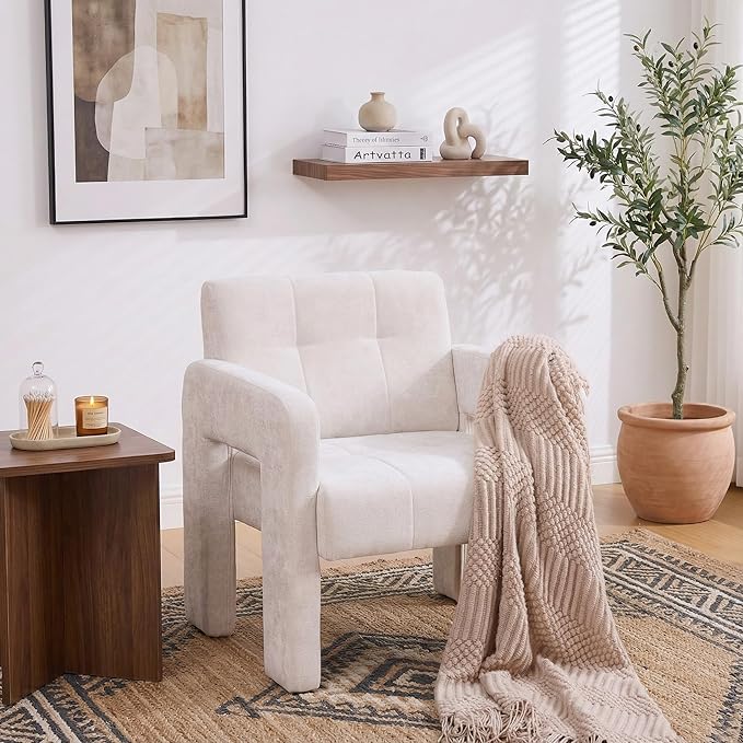 Arletta Modern Minimalist Armchair Beige Chenille Upholstered Single Chair Nordic Style Living Room Seating with Padded Arms 500 LBS Load Capacity 26.57x27.17x29.33 Inches