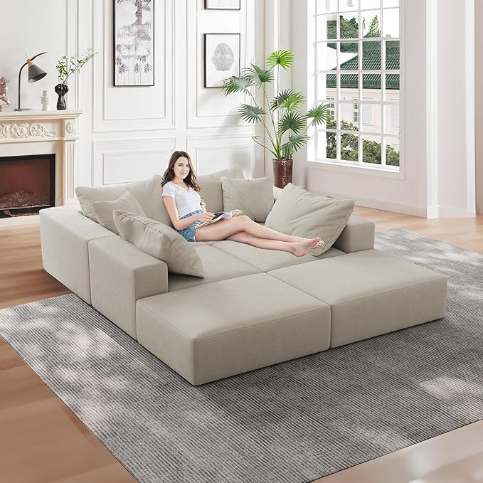 197” Modular L-Shaped Sectional Sofa Cloud Chenille Couch with 6 Pillows No-Assembly Customizable Sofa for Living Room &amp Bedroom Beige