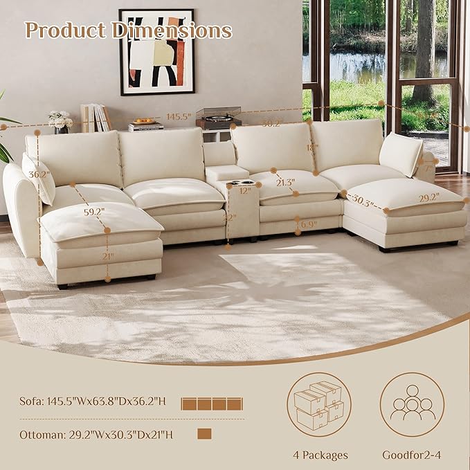 145'' Oversized Modular Sectional Sofa U Shaped Cloud Sectional Couches for Living Room Deep Seat Sofa with Central Console USB Port Cup Holders Movable Ottomans (Beige White)