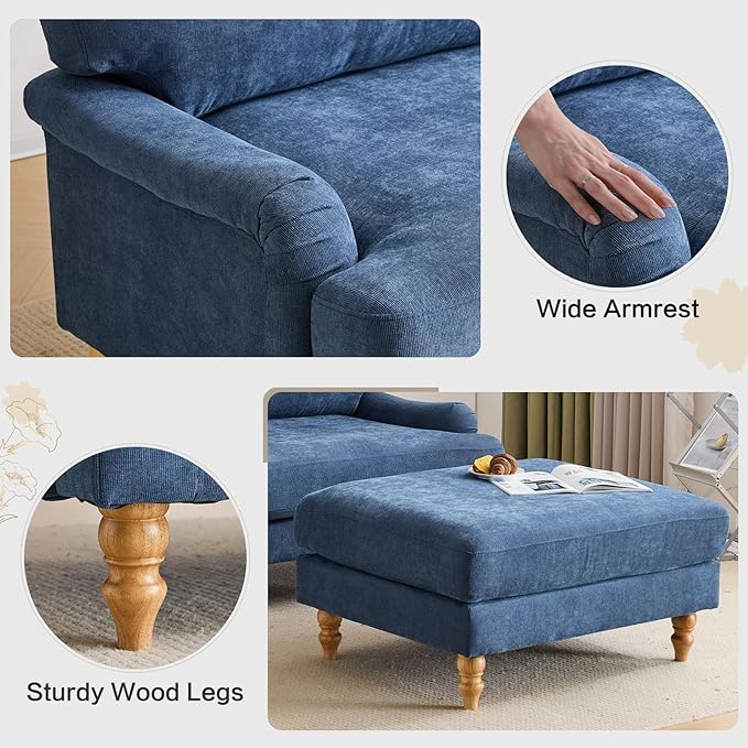 Bezseller Oversized Chair Indoor with Ottoman 46 W Upholstered Armrest Sofa Big Comfy Lounge Sofa Deep Seat Sleeper Chair for Living Room Apartment Bedroom Reading Room(Blue)