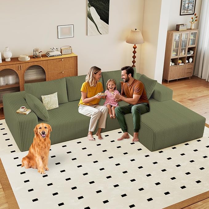 96 Modular Sectional Sofa Modern Corduroy Cloud Couch with Deep Seat Boneless Couch Upholstered 3-Seater L-Shaped Sofa for Living Room No Assembly Required (Green Right-Facing Chaise)