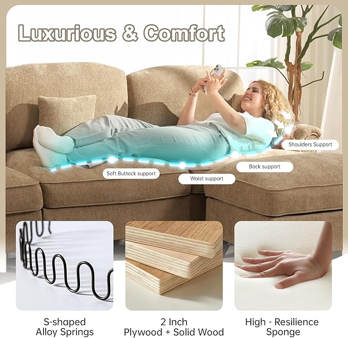 Modular Sectional Sofa Couch Comfy Chenille Three-Seat Sofa with Removable Ruffles Pleats Skirts Elegant Mid Century Sofa Couch for Living Room Bedroom (Light Coffee 107.1inch+1ottoman)