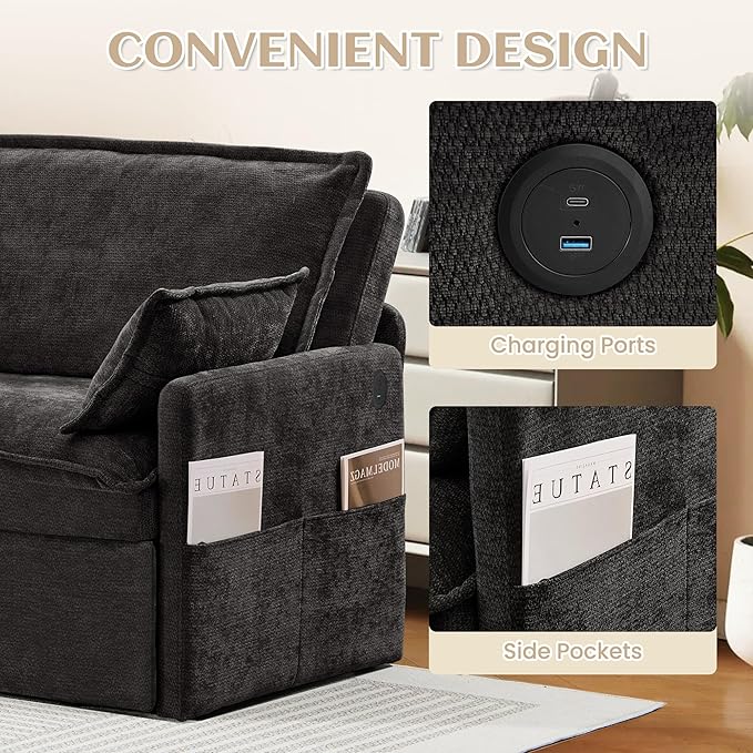 SUNWAVE 74 King Pull Out Sofa Bed - Convertible Sleeper Sofa Bed Space Saving Corduroy Loveseat Chaise Lounge with USB Charging Side Pockets for Living Room Bedroom Small Spaces(Ink 74)