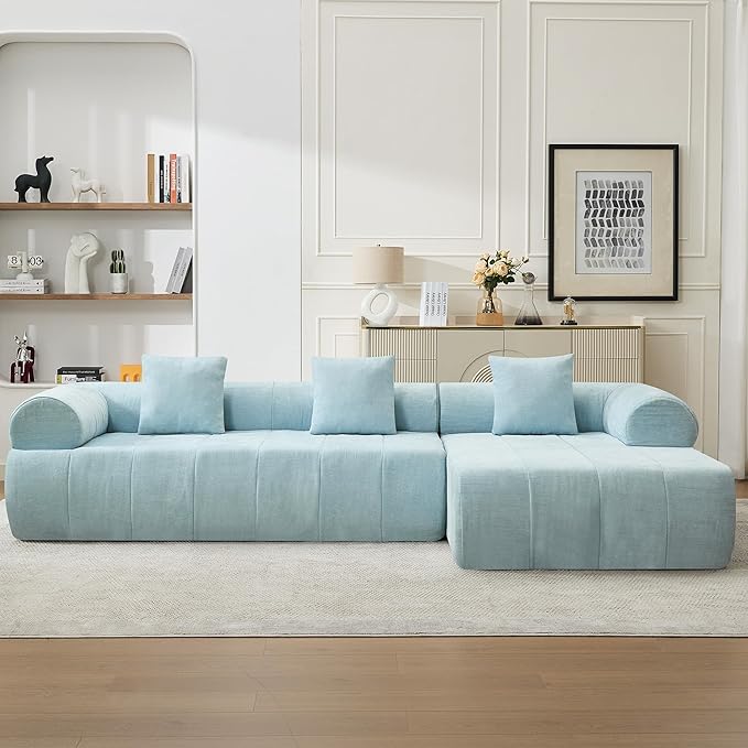 119'' Boneless Curved Sectional Couch Cloud Deep Seat L Shaped Sofa with Right Chaise LoungeModular Compression Couch for Living Room No Assembly Blue