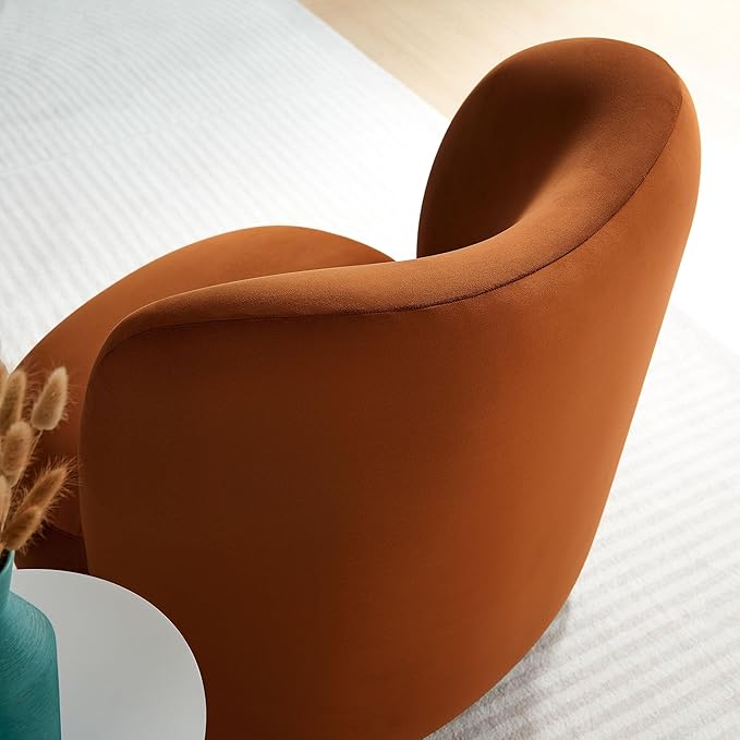 Modway Monroe Performance Velvet Accent Chair in Rust Walnut - Upholstered Stain-Resistant Barrel Chair - Comfy Lounge Chair - Oversized Round Armless Reading Chair for Living Room