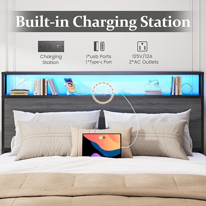 Lifezone Queen Bed Frame with 2-Tier Storage Headboard Metal Bed Frame with Storage Drawers &amp Built-in Charging Station &amp LED Noise-Free No Box Spring Needed Easy Assembly Rustic Grey