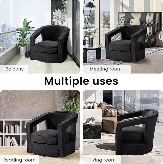 Furniliving Chenille Swivel Accent Chair for Living Room Upholstered Barrel Chair with Curved Back Comfortable Reading Chair for Bedroom Balcany Home Office Black Set of 2