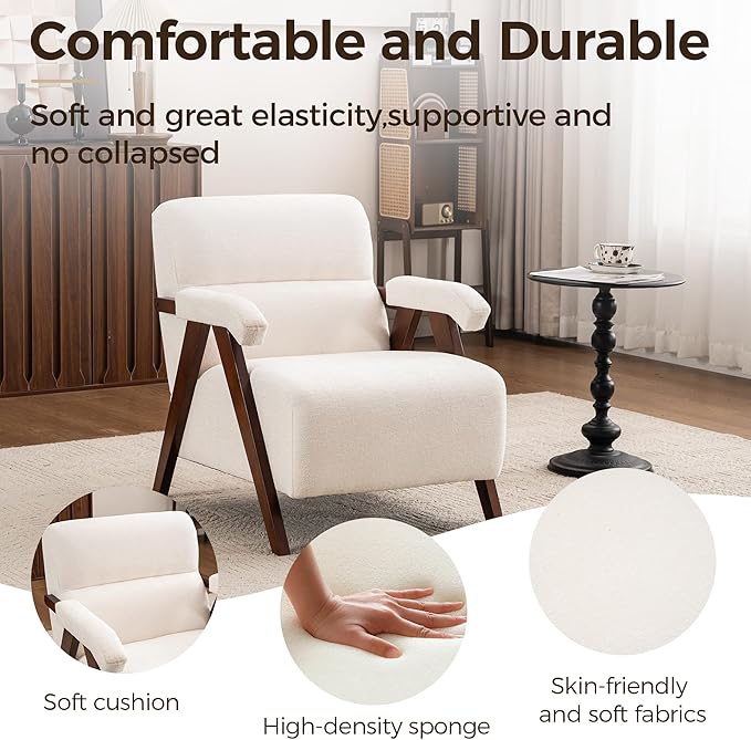 Accent Chair Mid Century Modern Living Room Chairs with Thick Cushion Comfy Upholstered Armchair Cozy Small Side Chairs for Reading Room Bedroom Ivory