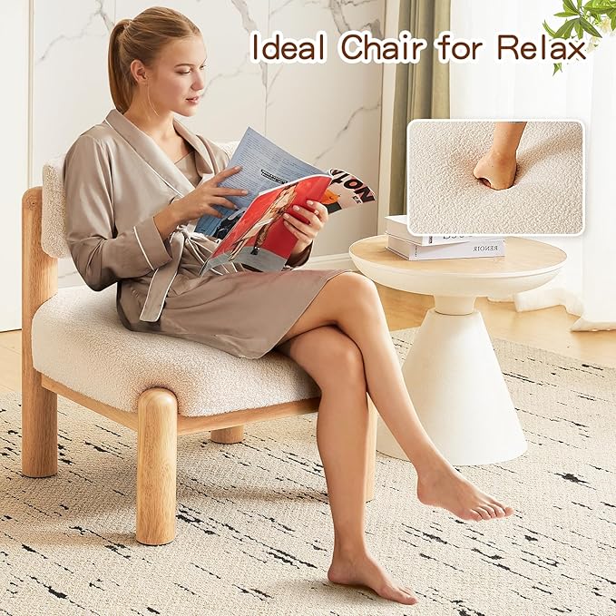 Furniliving Mid Century Accent Chair Armless Upholstered Living Room Chair with Solid Wood Comfy Modern Lounge Chairs for Bedroom Home Office Dining Room Reading Room Beige White