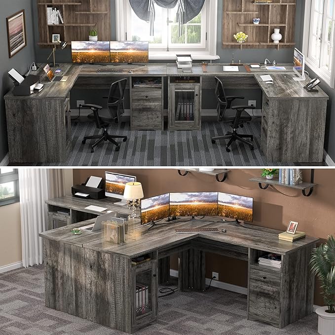 Unikito L Shaped Desk with Drawers 60 Inch Corner Computer Desks with USB Charging Port and Power Outlet Large 2 Person Home Office Table with File Cabinet Black Oak
