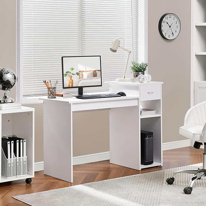 Yaheetech Home Office Computer Desk with Storage Drawer &amp Monitor Shelf Writing PC Laptop Table Desk Study Workstation Furniture for Small Spaces White