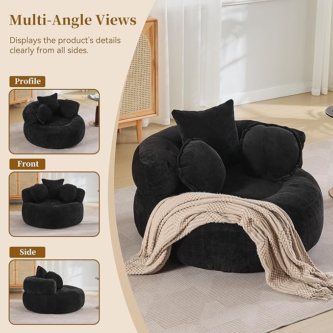 Round Oversized Chair Floor Sofa Chair Chenille Compressed Circle Chaise Lounge No Assembly Boneless Barrel Chair Lazy Bean Bag Couch Accent Chair for Living Room Bedroom DormBlack