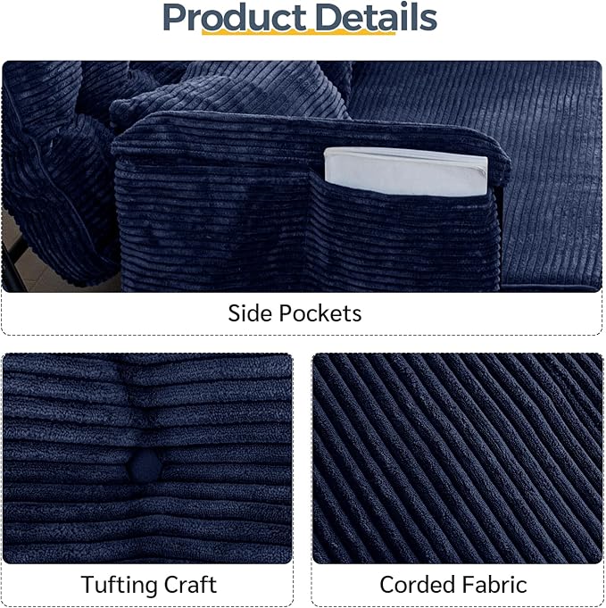 MAXYOYO Adjustable Floor Sofa Couch with 2 Pillows Multi-Functional Bean Bag Bed 5-Position Foldable Lazy Sofa Sleeper Bed with Armrest Versatile Floor Seating for Reading Navy Double