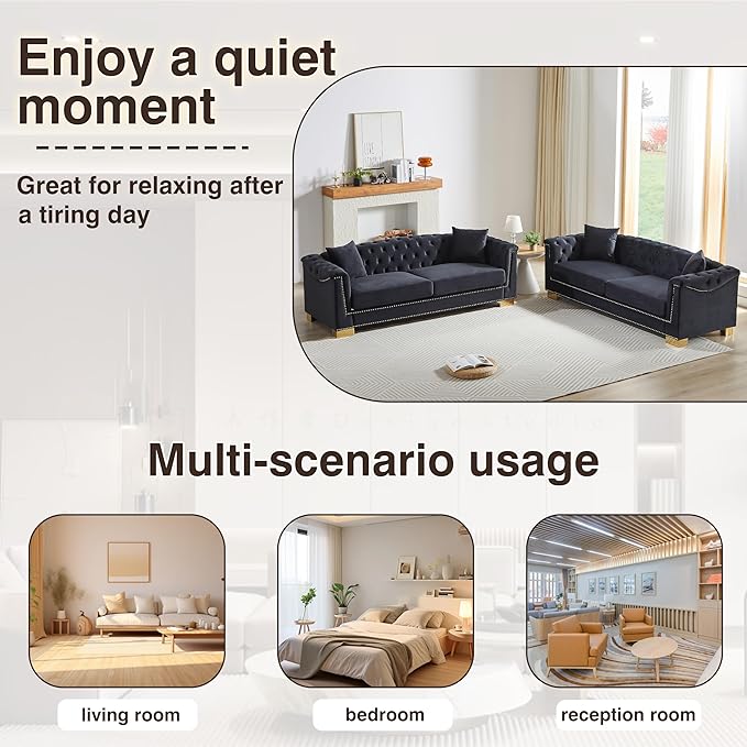 KEIKI 6 Seat Chesterfield Sofa Upholstered 3+3 Seat Couch with Rolled Arm Modern Combination Sofa for Living Room Bedroom Office Black