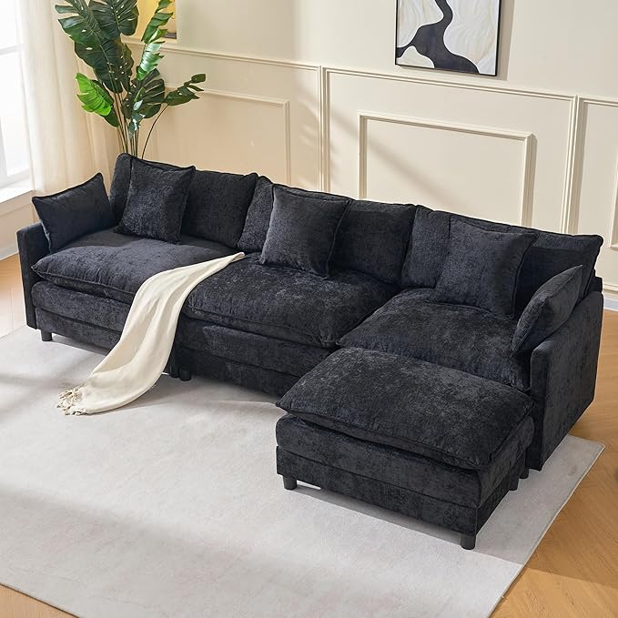 107 L Shaped Modern Sofa Modular Sectional Upholstered Double-Layer 3 Seater Cloud Couch Chenille Deep Seat Sofa with Throw Pillows &amp Movable Ottoman for Living Room Apartment Black