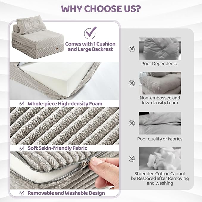 Folding ChairSleep Chair with High-Density Support FoamPortable 3 in 1 Fold Out Chair with Back Support and Pillow for Bedroom、Balcony、Hotel、ApartmentSingleSilver Gray