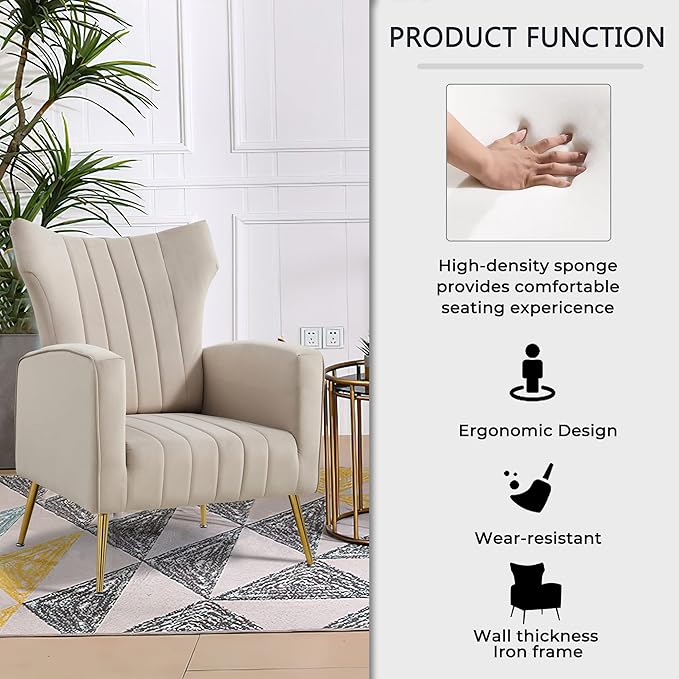 Generic Modern Velvet Accent Chair with Arms Wingback Reading Chair with Gold Metal Legs Comfy Upholstered Single Leisure Sofa for Living Room Bedroom ClubVelvetGrey