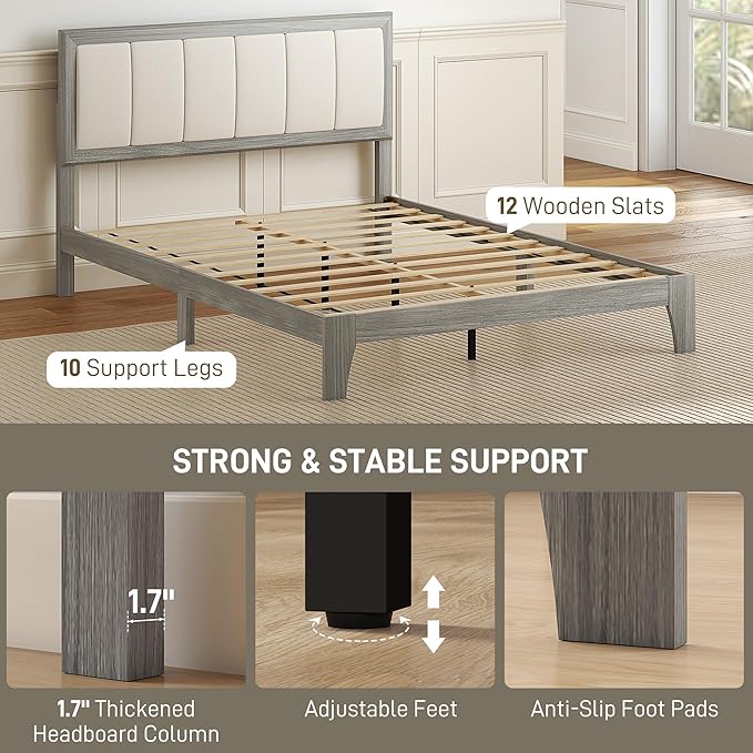 HOMCOM Full Size Bed Frame with Upholstered Headboard Platform Bed Frame with Wooden Slats No Box Spring Needed Easy Assembly Gray