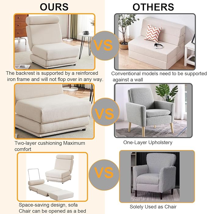 Single Sofa Chair Foldable Single Sofa Bed with PillowPortable Foldable Sofa BedLeisure Sofa ChairEasy to StoreMade of Breathable and Wearable Linen Cream White