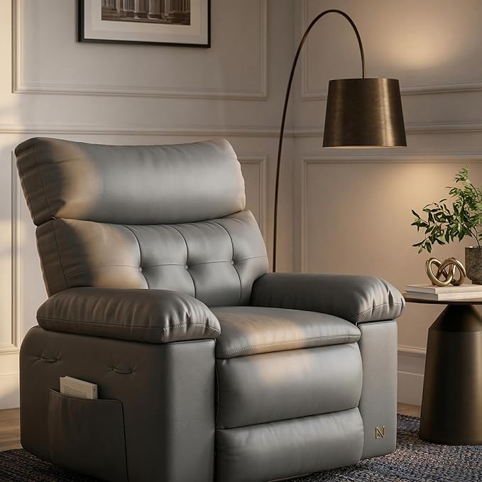 IDEALHOUSE Recliner Chair 22 Wide Seat Recliner Oversized PU Leather Living Room Chairs Wipe Clean Manual Push-Back Reading Chair with Side Pocket Grey
