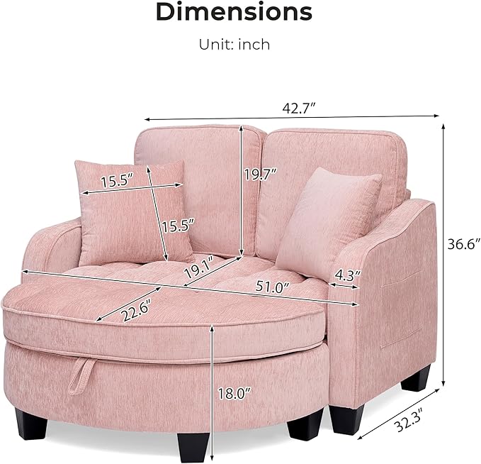 DEINPPA Oversized Accent Sofa Chair with Storage Ottoman Chenille Upholstered Comfy Chair with Throw Pillows for Living Room Reading Room Bedroom-Pink