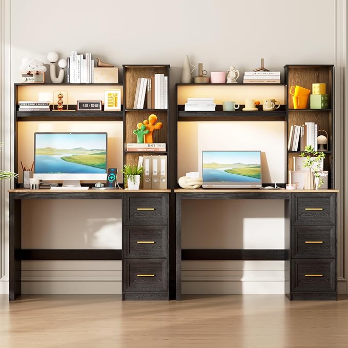 LVSOMT 40” Home Office Desk with Hutch and Drawers Computer Desk with Power Outlets and LED Light Study Writing Gaming Table with Storage Shelves Workstation for Bedroom Black