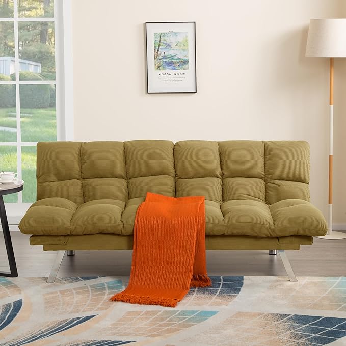 67” Convertible Futon Couch Bed Adjustable Pillow Top Arm Memory Foam Cloud Futons Loveseat Modern Light Gray Corduroy Mini Small Sofa Couches for Living Room