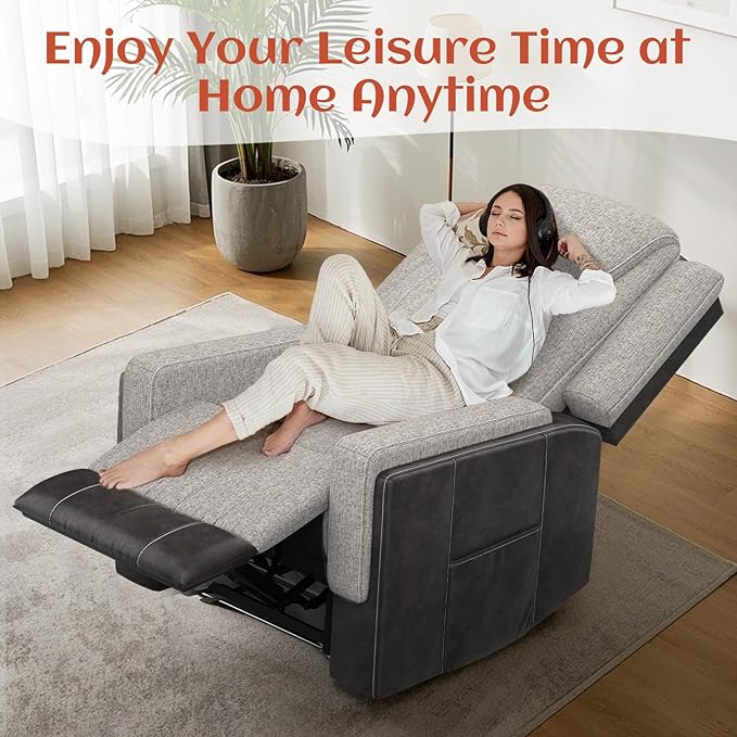 Oversize Manual Recliner Chair for Adults Extra Wide Single Reclining Sofa Chair with Ergonomic FSC Certified Grey Linen-Blend &amp Chocolate Leather Scandinavian Chic for Living Room RV