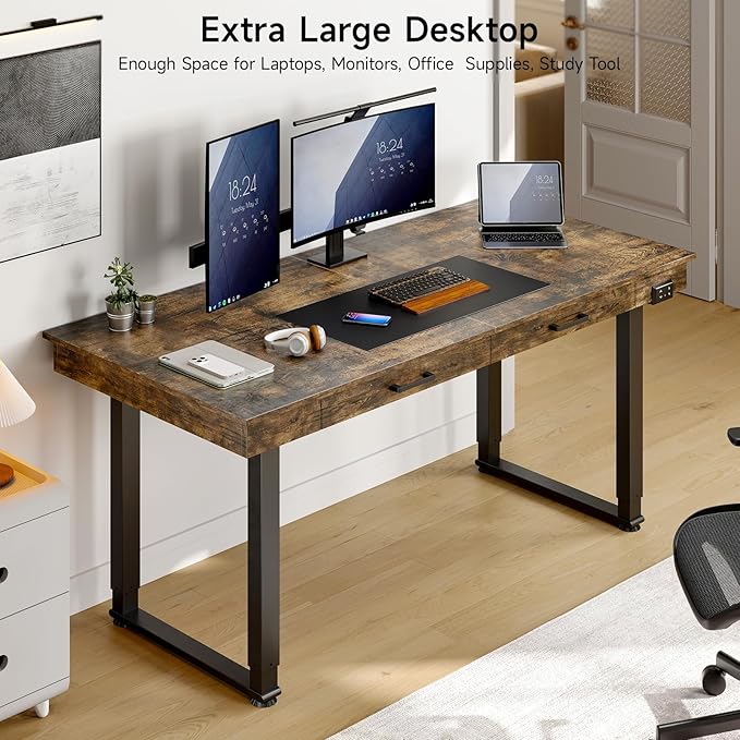 ONBRILL Standing Desk with Drawers 63x26 Inches Rectangle Electric Stand Up Desk with Dual Motor Adjustable Height from 28-46 Inch for Home &amp Office Rustic Brown