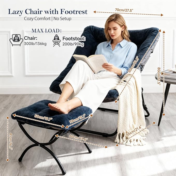 Saucer Chair with Ottoman Comfy Doorm Chairs Oversized Folding Faux Fur Chair Foldable Metal Frame Chair for Bedroom Living Room(Navy Blue)