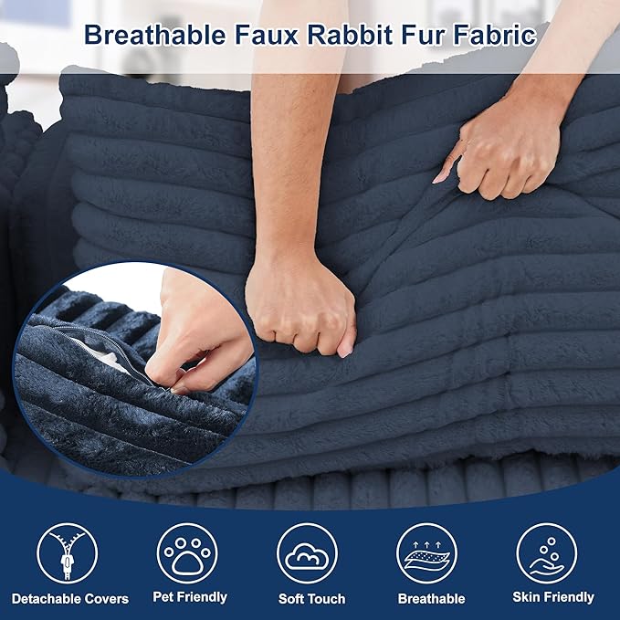 Redlife 95 L-Shaped Modular Sectional Sofa Faux Rabbit Fur Modular Floor Couch with Chaise High-Density 30D Foam Sponge No Assembly Required 5 Pillows Compressed for Living Room (Blue)
