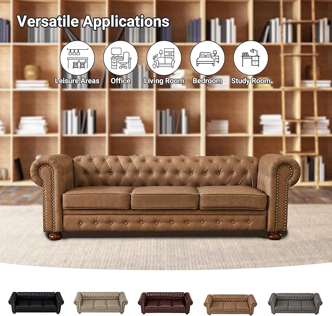 Chesterfield Leather Sofa 89 Mid Century Modern Couch with Low Back Roll Arm Nailhead Trim Classic 3 Seater Couch for Living Room Office Apartment Faux Leather Brown
