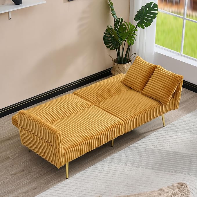 73 Convertible Futon Sofa BedComfy Teddy Fabric Sleeper Couch with 3 Reclining BackrestsGolden Chrome LegsModern Cloud Sofa Loveseat for Small Living Room Office (Yellow-Corduroy)