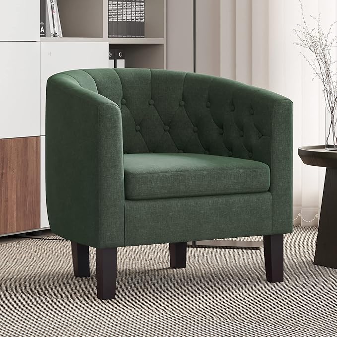 BELLEZE Green Accent Chairs for Living Room Elegant Arm Chair Upholstered Tufted Barrel Chair Club Chair for Bedroom with Sturdy Legs and Linen Fabric - Berlinda (Green)