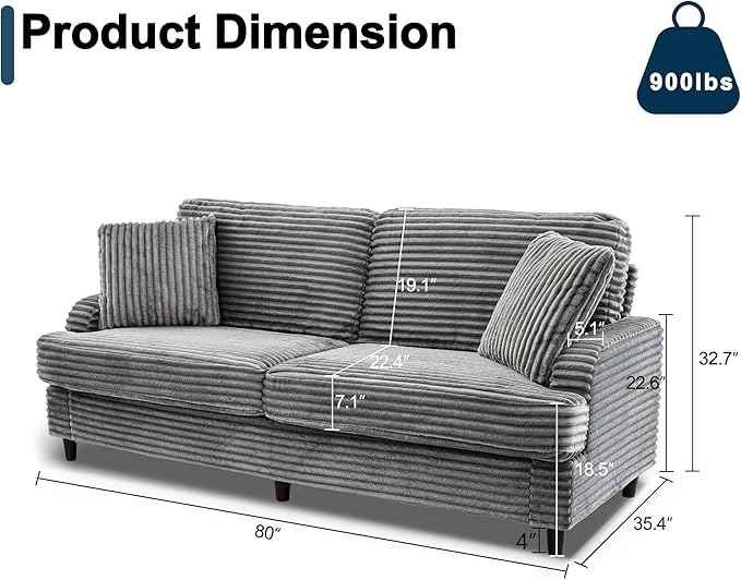 80 Inch 2 Sets Sofa Couch Comfy Love Seat Couches for Living Room Mid Century Modern Oversized Two Seater Couch Plush Corduroy Deep Seat Sofas for Bedroom Small Space Apartment Light Grey