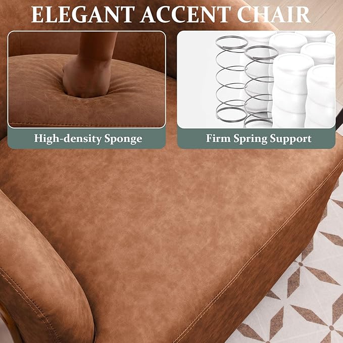 Swivel Accent Chair Faux Leather Swivel Barrel Chair Comfortable Mid Century Modern Chair Upholstered Metal Base Armchair for Living Room Bedroom Office Large Vintage Brown